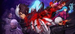 6+boys black_hair blue_hair candy_diamond dark-skinned_male dark_skin diana_(kof) dress english_text facial_hair fire foxy_(kof) highres isolde_(kof) k&#039;_(kof) krizalid kula_diamond kusanagi_kyou long_hair looking_at_viewer maxima metal_gloves multicolored_hair multiple_boys multiple_girls mustache nameless_(kof) official_art original_zero pyrokinesis snk sunglasses the_king_of_fighters the_king_of_fighters_2002 the_king_of_fighters_all-stars two-tone_hair white_dress white_hair yagami_iori zero_(kof)