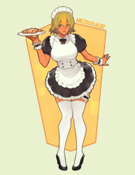 1girl alternate_costume artist_name black_bow black_bowtie black_dress blonde_hair bow bowtie breasts closed_mouth cookie dark-skinned_female dark_skin dessert dress facing_viewer fire_emblem fire_emblem_heroes food full_body green_background green_hair high_heels holding holding_plate laegjarn_(fire_emblem) large_breasts looking_at_viewer maid maid_headdress meziosaur multicolored_dress multicolored_hair nintendo orange_eyes plate puffy_sleeves short_dress short_hair simple_background smile solo standing streaked_hair thigh_strap thighhighs thighs white_dress white_thighhighs wrist_cuffs yellow_background