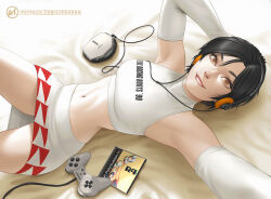 1girl bed_sheet black_hair cd_case cd_player cd_walkman clothes_writing commentary crop_top elbow_gloves english_commentary english_text gloves headphones highres lying midriff nagase_reiko on_back patreon_username pinup_(style) playstation_controller playstation_logo r4:_ridge_racer_type_4 race_queen ridge_racer short_hair skirt sleeveless solo suddakka video_game_cover_(object) white_gloves white_skirt