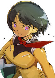 1girl absurdres black_hair breasts closed_mouth commentary_request gundam gundam_gquuuuuux highres holding_unworn_helmet large_breasts looking_at_viewer mecha_pilot_suit muramasa_mikado normal_suit_(gundam) purple_eyes serious shiiko_sugai short_hair solo v-shaped_eyebrows white_background wide-eyed