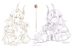 2girls absurdres arknights asic_(2595268715) bare_shoulders breasts character_name cleavage commentary_request cropped_torso dated dress expressionless flower flower_symbol hair_over_one_eye highres holding holding_flower horns jacket language_request light_smile lineart long_hair long_sleeves medium_breasts monochrome multiple_girls necrass_(arknights) off_shoulder one_eye_covered parted_lips reed_(arknights) signature simple_background spaghetti_strap white_background