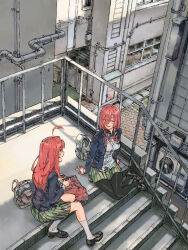 2girls ahoge bag black_pantyhose black_shoes blue_cardigan breasts cardigan cityscape closed_eyes commentary condenser_unit day eating from_above go-toubun_no_hanayome green_skirt hair_between_eyes headphones headphones_around_neck industrial_pipe kabuno_(camphora) long_hair long_sleeves looking_at_another loosely_tucked_bangs medium_breasts multiple_girls nakano_itsuki nakano_miku open_mouth outdoors pantyhose red_hair school_bag shade shirt shoes siblings sisters sitting sitting_on_stairs skirt smile socks stairs white_socks