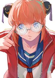 1girl :t adjusting_eyewear bespectacled blue_eyes blue_sailor_collar bun_cover collarbone commentary commentary_request double_bun gintama glasses hair_bun hand_on_own_hip jacket kagura_(gintama) long_sleeves looking_at_viewer neckerchief official_alternate_costume open_clothes open_jacket orange_hair pout red_jacket red_neckerchief rimless_eyewear round_eyewear sailor_collar school_uniform seppuku009 serafuku short_hair solo track_jacket upper_body white_background white_stripes