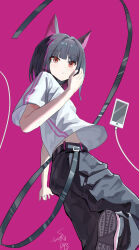 1girl absurdres black_hair black_mask black_pants blue_archive blush closed_mouth colored_inner_animal_ears colored_inner_hair highres kazusa_(blue_archive) looking_at_viewer multicolored_hair pants pink_background pink_hair saraph_se_la shirt short_hair short_sleeves sidelocks solo standing standing_on_one_leg t-shirt two-tone_hair white_shirt