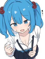 1girl alternate_costume blue_eyes blue_hair blush breasts cleavage collarbone collared_shirt commentary hair_bobbles hair_ornament highres holding_necktie hot kawashiro_nitori long_hair loose_necktie necktie open_mouth pleated_skirt shirt skirt snackdang solo sweat touhou translated two_side_up white_shirt