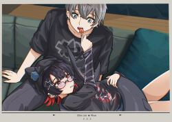 1boy 1girl absurdres akira_ruyu alternate_costume black_hair black_hat black_shirt blush candy closed_mouth collarbone couch ellen_joe fins fish_tail food glasses green_eyes grey_hair hair_ornament hand_on_own_tail hat highres holding holding_candy holding_food holding_lollipop lap_pillow lollipop lollipop_in_mouth long_sleeves looking_at_another lying mole mole_under_eye monitor on_back pillow red_eyes red_hair shark_girl shark_tail shirt short_hair short_sleeves star_(symbol) star_hair_ornament tail wise_(zenless_zone_zero) zenless_zone_zero