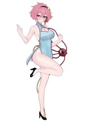 Rule 34 | 1girl, absurdres, alternate costume, bare legs, black hairband, blue dress, blush, breasts, canonball (dungigi12), china dress, chinese clothes, cleavage, cleavage cutout, closed mouth, clothing cutout, commentary request, double-parted bangs, dress, eyeball, full body, hair between eyes, hair ornament, hairband, hand up, heart, heart hair ornament, high heels, highres, komeiji satori, large breasts, looking at viewer, messy hair, pink eyes, pink hair, purple eyes, short hair, side slit, sideboob, simple background, solo, standing, standing on one leg, third eye, touhou, tsurime, white background