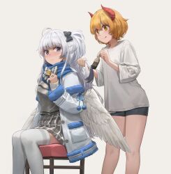 2girls :q ahoge armor artist_request bell black_bow black_shorts blonde_hair blue_eyes blue_scarf blue_trim blush bow bowtie breastplate character_request coat commentary_request feet_out_of_frame fur-trimmed_coat fur_trim grey_bow grey_bowtie grey_skirt hair_bow hands_up highres holding holding_brush horns hwangabi korean_commentary long_hair looking_at_another looking_back loose_clothes loose_shirt multiple_girls neck_bell nose_blush on_chair original paint_in_hair painting_(action) plaid_bow plaid_bowtie plaid_clothes plaid_skirt pleated_skirt pom_pom_(clothes) raised_eyebrows red_horns scarf shirt short_hair short_shorts shorts simple_background sitting skirt standing thighhighs tongue tongue_out white_background white_coat white_hair white_shirt white_thighhighs white_wings wings yellow_eyes