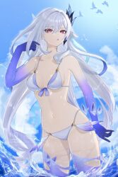 1girl bikini blue_gloves blue_sky breasts commentary_request cowboy_shot elbow_gloves genshin_impact gloves hair_ornament highres long_hair medium_breasts navel ocean outdoors parted_lips red_eyes skirk_(genshin_impact) sky solo stomach suwa_(swk_kkk) swimsuit thighs very_long_hair white_bikini white_hair