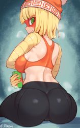 1girl arms_(game) artist_name ass blonde_hair cameltoe commentary_request from_behind green_eyes hat highres jtveemo looking_at_viewer looking_back mask min_min_(arms) orange_shirt selfie shirt short_hair smile solo sports_bra thighs twitter_username