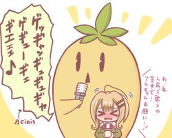 Rule 34 | &gt; &lt;, 1girl, bad id, bad twitter id, blonde hair, blush, chibi, closed eyes, hair ornament, hairclip, holding, holding microphone, long sleeves, magia record: mahou shoujo madoka magica gaiden, mahou shoujo madoka magica, mandrake, microphone, nose blush, open mouth, reverse (bluefencer), satori kagome, school uniform, shirt, upper body, white background
