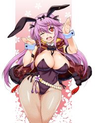 Rule 34 | 1girl, animal ears, blush, breasts, cleavage, curvy, fake animal ears, female focus, fishnet pantyhose, fishnets, floral background, hair between eyes, hood, hoodie, large breasts, leotard, long hair, looking at viewer, one eye closed, open mouth, pantyhose, playboy bunny, purple hair, rabbit ears, rabbit girl, rabbit pose, red eyes, sengoku bushouki muramasa, shinozuka atsuto, sleeveless, sleeveless hoodie, smile, solo, toudou takatora (sengoku bushouki muramasa), wide hips, wrist cuffs