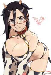 Rule 34 | 1girl, all fours, animal ears, animal print, bell, bikini, black eyes, breasts, chinese zodiac, cleavage, collar, cow ears, cow horns, cow print, cow print bikini, cow print gloves, cow print thighhighs, cow tail, cowbell, demi-chan wa kataritai, elbow gloves, embarrassed, fake animal ears, fake horns, fake tail, glasses, gloves, hair between eyes, happy new year, highres, horns, large breasts, long hair, looking at viewer, new year, official art, petosu (sunoco), print bikini, print gloves, print thighhighs, red-framed eyewear, satou sakie, semi-rimless eyewear, simple background, skindentation, solo, swimsuit, tail, teardrop, thighhighs, wavy mouth, white background, year of the ox