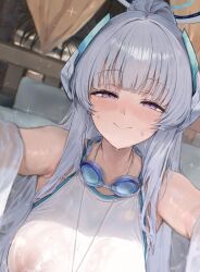 1girl akita_hika alternate_costume alternate_hairstyle blue_archive blunt_bangs blush breasts closed_mouth commentary covered_erect_nipples cropped dutch_angle goggles goggles_around_neck grey_hair half-closed_eyes headgear large_breasts long_hair looking_at_viewer noa_(blue_archive) one-piece_swimsuit outstretched_arms ponytail purple_eyes see-through_clothes see-through_one-piece_swimsuit sidelocks smile solo sweat swimsuit upper_body white_one-piece_swimsuit