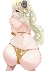 1girl absurdres animal_ears ass ass_focus back bare_shoulders bent_over bikini black_horns blonde_hair blue_eyes blush breasts canvas_sensei clenched_hand closed_mouth commentary commission curled_horns ears_down eyebrows_hidden_by_hair feet_out_of_frame from_behind gold_bikini hair_between_eyes hair_ornament hair_over_shoulder hairclip half-closed_eyes hand_on_own_cheek hand_on_own_face hands_up high_ponytail highres hololive horns large_breasts leaning_forward long_eyelashes long_hair looking_at_viewer looking_back narrowed_eyes parallel_hairclips parted_bangs ponytail profile raised_eyebrows raised_inner_eyebrows sheep_ears sheep_girl sheep_horns sidelocks sideways_mouth simple_background skeb_commission smile solo sparkling_eyes strapless strapless_bikini string_bikini striped_blush swimsuit thick_eyelashes tsunomaki_watame turning_head very_long_hair virtual_youtuber water_drop wet white_background wide_hips