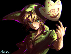 1boy amalgam4242 black_background blonde_hair blue_eyes green_hat green_tunic hat highres link looking_at_viewer male_focus mask mask_of_truth nintendo open_mouth pointy_ears pointy_hat short_hair short_sleeves shoulder_belt signature solo the_legend_of_zelda the_legend_of_zelda:_majora&#039;s_mask tunic unworn_mask upper_body young_link