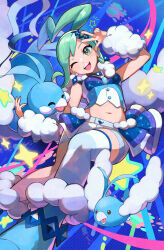 1girl ;d altaria arm_up arm_warmers blue_boots blue_nails boots commentary crop_top earrings evolutionary_line gen_3_pokemon green_eyes green_hair hair_ornament highres jewelry lisia_(pokemon) long_hair looking_at_viewer midriff nail_polish navel nintendo one_eye_closed open_mouth overskirt pokemon pokemon_(creature) pokemon_oras rainys_bill shorts shorts_under_skirt sidelocks single_thighhigh smile sparkle star_(symbol) stomach striped_clothes striped_thighhighs swablu teeth thighhighs upper_teeth_only w white_shorts