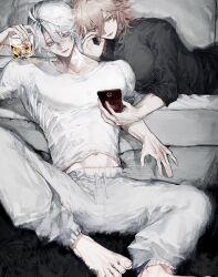 Rule 34 | 2boys, alternate costume, antenna hair, barefoot, black shirt, blonde hair, blue eyes, braid, commentary, cup, drinking glass, hair between eyes, highres, holding, holding cup, holding phone, honkai: star rail, honkai (series), male focus, medium hair, multiple boys, mydei (honkai: star rail), neck tattoo, pants, phainon (honkai: star rail), phone, shirt, short hair, short sleeves, side braid, sleeves rolled up, sun symbol, sun tattoo, sunset 1830, sweatpants, tan, tattoo, turtleneck, white hair, white shirt, yellow eyes