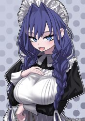 1girl apron black_dress blue_eyes blue_hair braid dress fang grey_background hair_ribbon hat highres hololive hololive_english long_hair looking_at_viewer low_twin_braids maid_apron mob_cap official_alternate_costume official_alternate_hairstyle open_mouth ouro_kronii ouro_kronii_(maid) polka_dot polka_dot_background ribbon solo twin_braids virtual_youtuber white_apron white_ribbon zenox5300