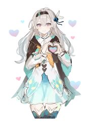 Rule 34 | 1girl, aqua eyes, aqua skirt, aqua thighhighs, blue pupils, blue ribbon, blush, brown hairband, brown jacket, closed mouth, cropped jacket, ebitendon, finger heart, firefly (honkai: star rail), gradient eyes, gradient hair, grey hair, hair between eyes, hair intakes, hair ornament, hair ribbon, hairband, heart, highres, honkai: star rail, honkai (series), jacket, long hair, multicolored eyes, multicolored hair, neckerchief, orange neckerchief, ribbon, simple background, skirt, smile, solo, thighhighs, white background