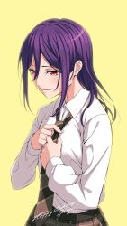 1girl absurdres adjusting_clothes adjusting_necktie bang_dream! brown_necktie brown_skirt character_name collared_shirt commentary dated diagonal-striped_clothes diagonal-striped_necktie dress_shirt hair_behind_ear hair_between_eyes hair_down hands_up haneoka_school_uniform happy_birthday highres long_bangs long_hair long_sleeves looking_away necktie nobusawa_osamu parted_lips plaid_clothes plaid_skirt pleated_skirt purple_hair red_eyes school_uniform seta_kaoru shirt shirt_tucked_in sidelocks simple_background skirt smile solo standing striped_clothes upper_body white_shirt yellow_background