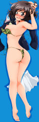 10s 1girl absurdres akiyama_yukari ass bad_feet barefoot bikini blue_background blush breasts brown_eyes brown_hair camouflage dakimakura_(medium) feet female_focus full_body girls_und_panzer highres long_image medium_breasts nanashi_noiji nipples open_mouth school_uniform short_hair soles solo swimsuit tall_image thong_bikini toes underwear wardrobe_malfunction