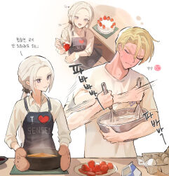 1boy 1girl alternate_costume alternate_universe apron baking blonde_hair blush bowl cake closed_eyes closed_mouth collared_shirt commentary_request couple dimitri_alexandre_blaiddyd edelgard_von_hresvelg egg embarrassed english_text feeding fire_emblem fire_emblem:_three_houses fire_emblem_warriors:_three_hopes food fruit full-face_blush hair_between_eyes hetero highres holding holding_bowl holding_spoon ikaikakka indoors korean_text long_hair long_sleeves looking_at_viewer looking_to_the_side low_ponytail nervous_sweating nintendo open_mouth parted_bangs parted_lips ponytail pov purple_eyes shade shirt short_hair short_sleeves spoon standing steam stirring strawberry sweat sweatdrop table translation_request white_background white_hair white_shirt