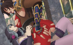 Rule 34 | 2girls, ass, bodysuit, breasts, brown eyes, brown hair, claws, cleavage, drill hair, eye contact, fingering, grey hair, highres, hood, large breasts, looking at another, multiple girls, ninja, nipples, purple legwear, red eyes, skin tight, soon (hentai-foundry), soul calibur, soulcalibur, soulcalibur iv, soulcalibur v, taki (soulcalibur), thighhighs, torn clothes, viola (soulcalibur), yuri