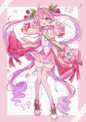 Rule 34 | 1girl, ;d, ahoge, bag, blush, border, bow, cardigan, cherry hair ornament, collared shirt, commentary, corrupted twitter file, flower, food-themed hair ornament, full body, futaba969649, grid background, hair flower, hair ornament, hatsune miku, headset, highres, leaf hair ornament, long hair, long sleeves, looking at viewer, necktie, one eye closed, open cardigan, open clothes, open mouth, outside border, outstretched arm, pink border, pink cardigan, pink eyes, pink hair, pink necktie, pink skirt, pink thighhighs, pleated skirt, red bow, red shoes, sakura miku, shirt, shoes, shoulder bag, skirt, sleeve bow, smile, sneakers, solo, standing, symbol-only commentary, thighhighs, tie clip, twintails, very long hair, vocaloid, watermark, white background, white shirt, wing collar, zettai ryouiki