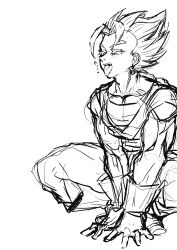 1boy absurdres boots collarbone dougi dragon_ball dragon_ball_super earrings fangs feet_together full_body gloves heart highres jewelry knees_apart_feet_together looking_ahead male_focus medium_hair muscular muscular_male obata2nd pants pectoral_cleavage pectorals potara_earrings sash shirt simple_background sketch smile solo spiked_hair squatting teeth tongue tongue_out undershirt v_arms vegetto