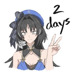 1girl bare_shoulders beret biscuitaart black_bow black_collar black_eyes black_hair blue_hat bow breasts cleavage closed_mouth collar collarbone commentary cropped_torso english_commentary english_text feather_hair hand_up hat hat_bow highres long_hair looking_at_viewer parted_bangs simple_background smile solo tacet_mark_(wuthering_waves) white_background wuthering_waves yangyang_(wuthering_waves)