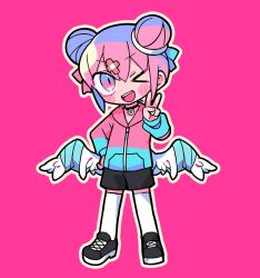 1girl angel angel_wings bandaged_wings bandaid bandaid_hair_ornament black_choker black_shoes black_shorts blue_bow blue_hoodie blush_stickers bow choker datenshi-chan_(nanawo_akari) dot_nose double_bun hair_bow hair_bun hair_ornament hand_on_own_hip highres hood hood_down hoodie indie_utaite looking_at_viewer medium_hair multicolored_hoodie nanawo_akari official_art open_mouth outline pink_background pink_bow pink_eyes pink_hoodie shoes shorts sidelocks simple_background smile socks solo teeth terada_tera upper_teeth_only v white_outline white_socks wings zipper