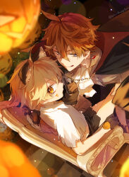 Rule 34 | 2boys, aether (genshin impact), animal ears, blonde hair, blue eyes, braid, facing another, genshin impact, halloween, highres, jack-o&#039;-lantern, long hair, looking at viewer, looking to the side, male focus, multiple boys, orange hair, pointy ears, sakusakuagetate, sitting, tartaglia (genshin impact), throne, tongue, tongue out, vampire, wolf boy, wolf ears, yaoi, yellow eyes