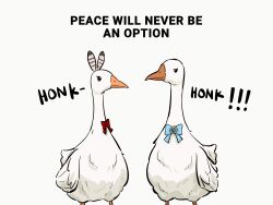 absurdres animal animalization bird blue_bow bow english_text goose highres hololive hololive_english nanashi_mumei no_humans ouro_kronii red_bow simple_background virtual_youtuber white_background yuutomeh