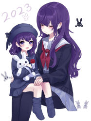 2girls :3 absurdres asahina_mafuyu black_bow black_hat black_jacket black_pantyhose black_sailor_collar black_skirt black_socks blush bow child chinese_zodiac closed_eyes closed_mouth commentary crying facing_another feet_out_of_frame flower full_body grey_serafuku grey_shirt grey_skirt happy_new_year hat hat_bow highres holding holding_stuffed_toy invisible_chair jacket jishou_210 long_hair long_sleeves looking_at_viewer medium_hair miniskirt miyamasuzaka_girls&#039;_academy_school_uniform multiple_girls neckerchief new_year no_shoes open_clothes open_jacket open_mouth pantyhose pleated_skirt project_sekai red_flower red_neckerchief red_rose rose sailor_collar school_uniform serafuku shirt simple_background sitting sitting_on_lap sitting_on_person skirt sleeves_past_wrists socks stuffed_animal stuffed_rabbit stuffed_toy time_paradox tongue u_u white_background white_sailor_collar year_of_the_rabbit