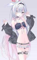 1girl absurdres bare_shoulders belt bikini black_choker black_eyes black_hairband black_jacket blue_archive blush breasts choker collarbone colored_inner_hair commentary frills gradient_background hair_ornament hair_over_one_eye hairband halo halterneck hands_up highres itami_riya jacket long_hair long_sleeves looking_at_viewer multicolored_hair navel open_clothes open_jacket pink_halo plana_(blue_archive) red_pupils ribbon small_breasts solo swimsuit thigh_strap translated very_long_hair white_hair white_ribbon