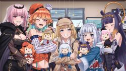 5girls aquarium beaker beret black_dress blonde_hair blue_eyes blue_hair breasts character_doll cleavage detached_sleeves dress gardavwar gawr_gura gawr_gura_(1st_costume) gradient_hair grey_hair hair_ornament hat highres holding hololive hololive_english holomyth jewelry long_hair mori_calliope mori_calliope_(1st_costume) multicolored_hair multiple_girls navel ninomae_ina&#039;nis ninomae_ina&#039;nis_(1st_costume) one_eye_closed open_mouth orange_hair pink_eyes pink_hair purple_eyes purple_hair red_eyes shirt short_hair smile spikes stethoscope streaked_hair takanashi_kiara takanashi_kiara_(1st_costume) tentacle_hair tiara veil virtual_youtuber watson_amelia watson_amelia_(1st_costume) window