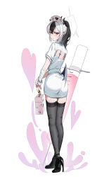 1girl absurdres alternate_costume ass black_horns blue_archive demon_horns demon_wings ear_piercing full_body grey_halo halo hat highres horns kayoko_(blue_archive) koutannkoburia multicolored_hair nurse nurse_cap piercing single_wing solo two-tone_hair wings