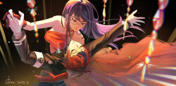 1boy 1girl absurdres alternate_costume armband black_jacket blue_hair breasts closed_eyes closed_mouth commentary_request dancing dated dress du_da_la floating_hair formal_clothes gakuran glasses gloves highres holding_hands jacket long_hair looking_at_another medium_breasts multicolored_hair purple_hair red_dress red_eyes red_gloves red_hair school_uniform shizuhara_hiruko short_hair signature sleeveless sleeveless_dress streaked_hair sumino_takumi the_hundred_line_-last_defense_academy- two-tone_hair waltz_(dance) white_armband