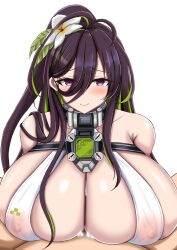 1boy 1girl absurdres arms_behind_back bikini blush breast_rest breasts brown_hair chest_strap closed_mouth clothed_sex commentary covered_erect_nipples cum cum_on_body cum_on_breasts cum_on_upper_body double-parted_bangs eyes_visible_through_hair flower furrowed_brow goddess_of_victory:_nikke green_hair guilty_(nikke) guilty_(wave_of_disbelief)_(nikke) hair_between_eyes hair_flower hair_ornament handsfree_paizuri hetero highres huge_breasts long_hair long_hair_between_eyes looking_at_viewer multicolored_hair official_alternate_costume paizuri ponytail pov purple_eyes restraints shinonome_kon_(sino_kon) sidelocks simple_background slingshot_swimsuit smile solo_focus streaked_hair swimsuit two-tone_hair upper_body white_background white_bikini white_flower white_slingshot_swimsuit
