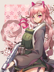 1girl ahoge belt_pouch blush border braid brown_border flower garter_straps gun highres holding holding_gun holding_weapon last_origin long_hair looking_at_viewer miho_(last_origin) outside_border parted_lips pink_eyes pink_hair pixiv_id pouch rifle scope sidelocks signature sniper_rifle solo sweater tactical_clothes turtleneck turtleneck_sweater twin_braids twintails twitter_username umigarasu_(kitsune1963) very_long_hair weapon white_flower