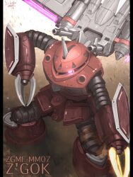 Rule 34 | bottoms1237, character name, glowing, glowing eye, gundam, gundam seed, gundam seed freedom, highres, mecha, mecha focus, mobile suit, no humans, red eyes, robot, science fiction, solo, standing, weapon, z&#039;gok (seed)