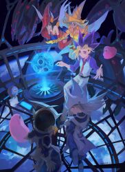 Rule 34 | 2boys, 3girls, apple magician girl, bad id, bad twitter id, black hair, collared shirt, colored skin, dragon, fake horns, gandora-x the dragon of demolition, grey hair, happy birthday, hat, helmet, highres, horned helmet, horns, kuriboh, lemon magician girl, long hair, marshmacaron, marshmallon, multiple boys, multiple girls, muto yugi, pants, pink skin, purple eyes, shirt, silent magician, silent magician lv4, silent swordsman, silent swordsman lv3, sinisini kamimi, tabard, vest, white hat, white pants, white tabard, white vest, wizard hat, yu-gi-oh!, yu-gi-oh! the dark side of dimensions