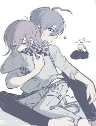 Rule 34 | 2boys, ahoge, barefoot, belt, between legs, blue hair, blush, cat, checkered clothes, checkered scarf, closed eyes, collared shirt, cross-laced clothes, cross-laced top, danganronpa (series), danganronpa v3: killing harmony, eyelashes, flipped hair, hair between eyes, heart, highres, hug, long sleeves, male focus, medium hair, multiple boys, oma kokichi, pale color, pants, profile, purple hair, saihara shuichi, scarf, shirt, short hair, simple background, sleeping, tomoro (tomoronp), two-tone scarf, white background, yaoi