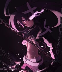 1girl armor belt belt_collar belt_skirt black_rock_shooter chain choker collar fire flaming_eye gauntlets highres insane_black_rock_shooter long_hair loose_belt purple_eyes purple_fire scar shorts solo stitches twintails uneven_twintails yuansf3