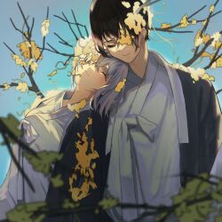 1boy 1girl black_hair blue_background branch closed_eyes closed_mouth coat dongbaek_(project_moon) e.g.o_(project_moon) flower grey_coat highres limbus_company long_sleeves mlepmlepmlep open_clothes project_moon short_hair simple_background smile spicebush_(e.g.o) upper_body white_hair wide_sleeves yellow_flower yi_sang_(project_moon)