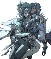 Rule 34 | 2boys, aqua eyes, aqua hair, belt, beret, black gloves, black hair, black pants, blue eyes, blue hair, blue jacket, braid, cape, closed mouth, couple, dark-skinned male, dark skin, earrings, feet out of frame, flower, frilled sleeves, frills, genshin impact, gloves, gradient hair, green cape, green headwear, hat, hat flower, hat ornament, jacket, jewelry, kaeya (genshin impact), lapels, long sleeves, male focus, multicolored hair, multiple boys, pants, pantyhose, shirt, sideways glance, simple background, sitting, sitting on person, sleeves past wrists, spiked gloves, tkt (tango 0906), twin braids, venti (genshin impact), vision (genshin impact), white background, white pantyhose, white shirt, yaoi