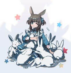 1girl amiya_(arknights) animal animal_ears aqua_eyes arknights blue_dress brown_hair chinese_commentary chromatic_aberration commentary_request dress full_body grey_background highres holding holding_animal huashijie_(medium) jian_(winon05266) long_sleeves looking_at_viewer one_eye_closed open_mouth partial_commentary plaid_clothes plaid_dress rabbit red_pupils short_hair sitting solo star_(symbol)