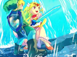 1boy 1girl :d black_eyes blonde_hair boots closed_mouth dress full_body green_hat green_tunic hat highres holding holding_sword holding_weapon link long_hair master_sword nasagina nintendo open_mouth pink_dress pointy_ears princess_zelda shoes short_hair smile sword teeth the_legend_of_zelda the_legend_of_zelda:_the_wind_waker tiara toon_link toon_zelda tunic upper_teeth_only water weapon