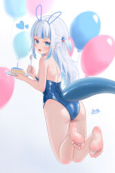 1girl :d absurdres alternate_costume ass balloon bare_legs bare_shoulders barefoot blue_eyes blue_hair blunt_bangs blurry blurry_background breasts cake cake_slice clothing_cutout commentary english_commentary fang feet fins fish_tail food fpvjoe from_behind full_body gawr_gura grey_hair hair_ornament highres holding holding_plate holding_spoon hololive hololive_english kneeling leotard long_hair looking_at_viewer looking_back median_furrow multicolored_hair open_mouth plate playboy_bunny revision shark_girl shark_hair_ornament shark_tail small_breasts smile soles solo spoon strapless strapless_leotard streaked_hair tail tail_through_clothes toes two-tone_hair two_side_up virtual_youtuber